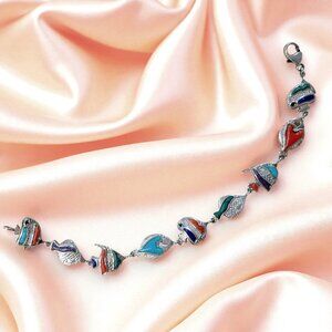 Vintage CCO Coleman sterling silver fish bracelet w/ colorful inlay